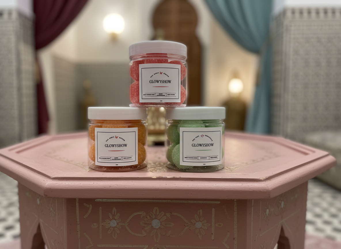 Trois pots Glowyshow dans un riad marocain